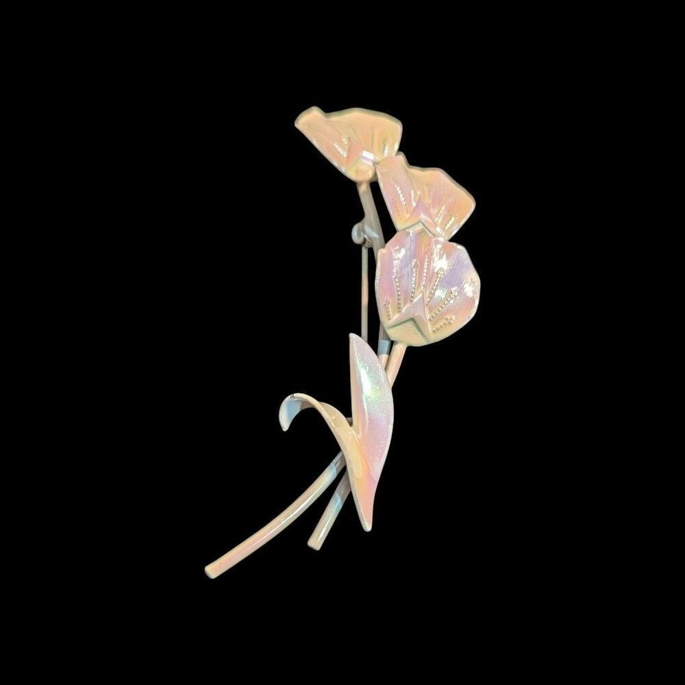 Vintage Iridescent Pearl Finish Triple Flower Brooch Mid Century Floral Pin 3.5" - Picture 2 of 8